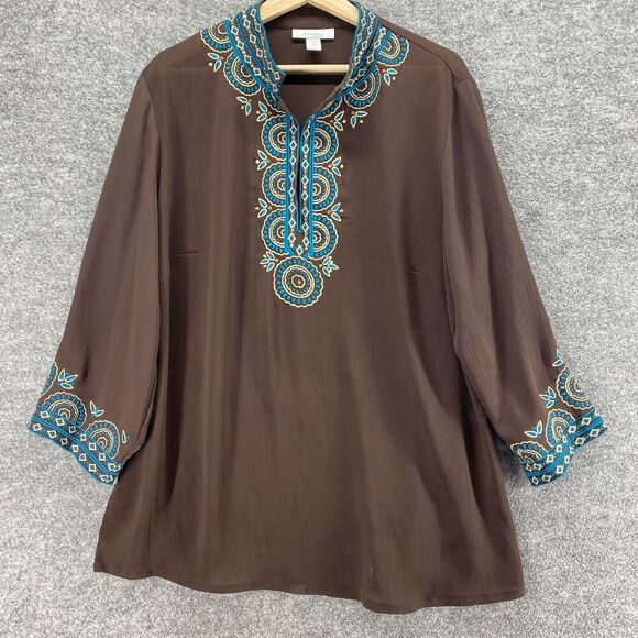 Dressbarn Blouse Women 1X Plus Brown V-Neck Geometric V-Neck Long Sleeve Lined - Picture 1 of 9